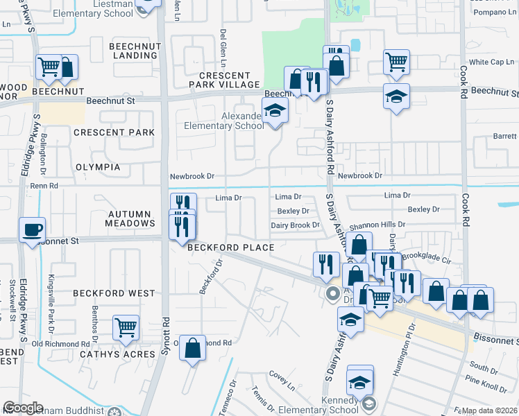 map of restaurants, bars, coffee shops, grocery stores, and more near 8819 Beau Monde Drive in Houston