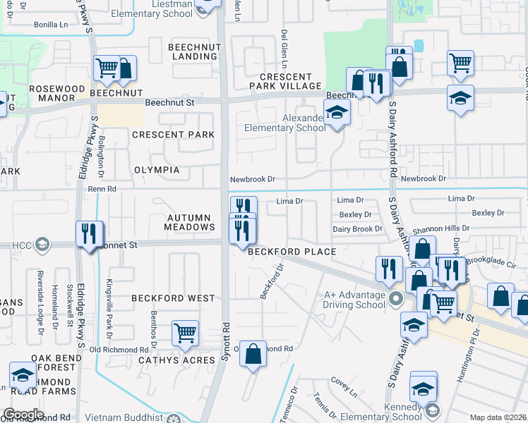 map of restaurants, bars, coffee shops, grocery stores, and more near 13023 Bacard Lane in Houston
