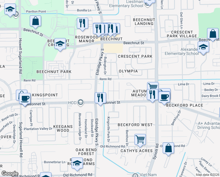 map of restaurants, bars, coffee shops, grocery stores, and more near 8907 Cedar Mound Lane in Houston