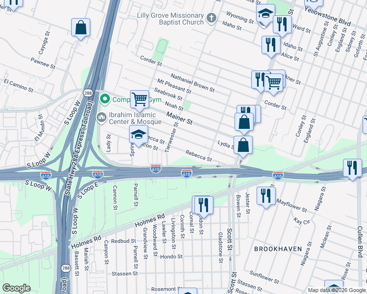 map of restaurants, bars, coffee shops, grocery stores, and more near 3635 Rebecca Street in Houston
