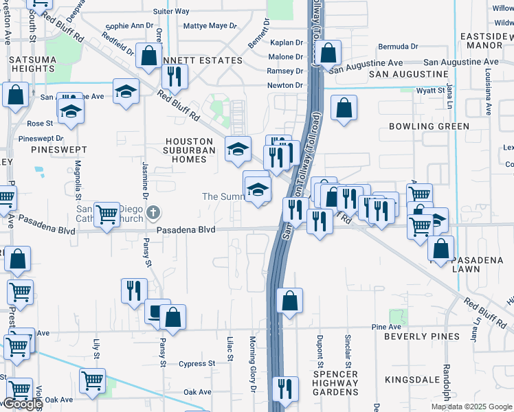 map of restaurants, bars, coffee shops, grocery stores, and more near 1838 East Sam Houston Parkway South in Pasadena