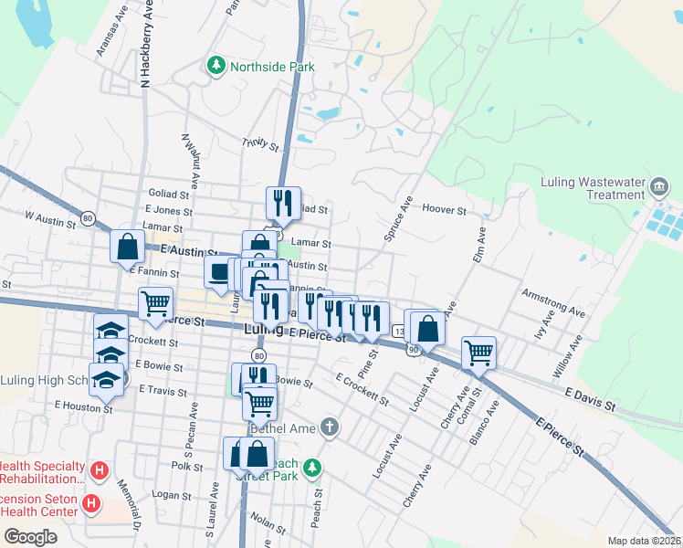 map of restaurants, bars, coffee shops, grocery stores, and more near 901 East Austin Street in Luling