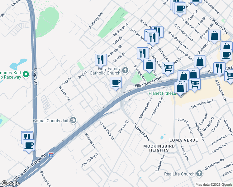 map of restaurants, bars, coffee shops, grocery stores, and more near 2410 Interstate Highway 35 South in New Braunfels