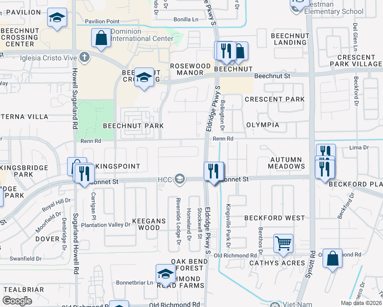 map of restaurants, bars, coffee shops, grocery stores, and more near 13751 Evansdale Lane in Houston