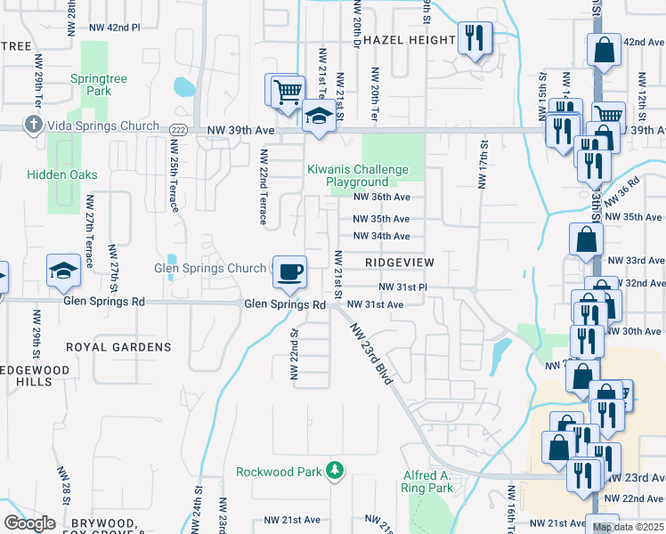map of restaurants, bars, coffee shops, grocery stores, and more near 2060 Northwest 33 Avenue in Gainesville