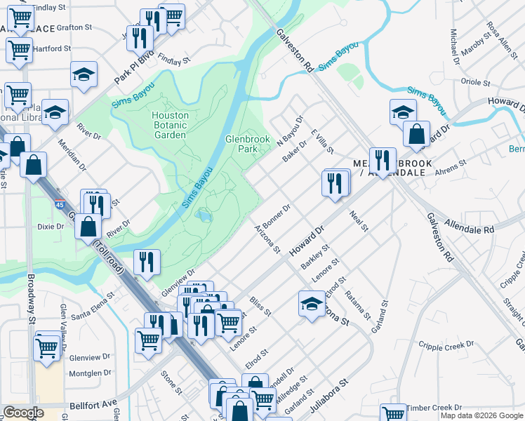 map of restaurants, bars, coffee shops, grocery stores, and more near 8733 Oak Glen Court in Houston