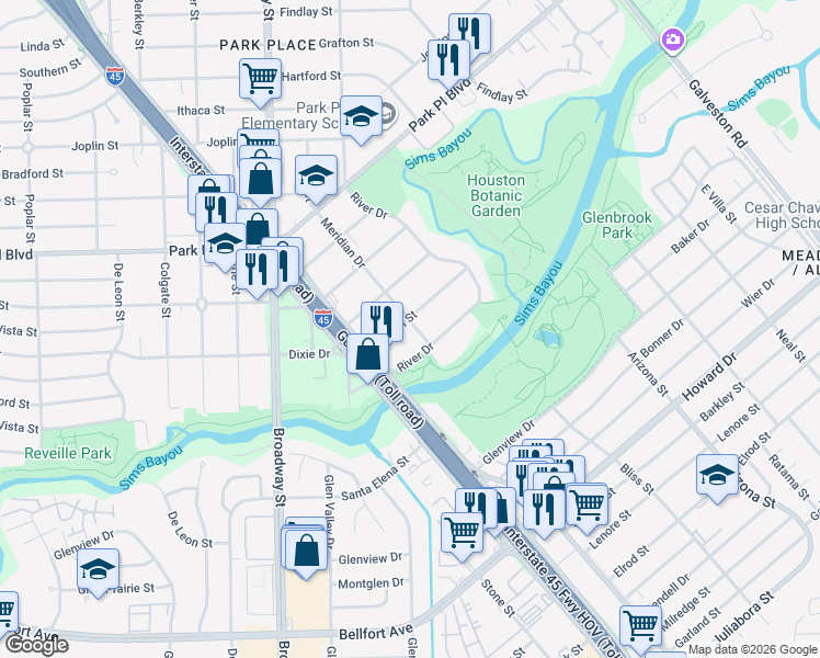 map of restaurants, bars, coffee shops, grocery stores, and more near 4022 Meridian Drive in Houston