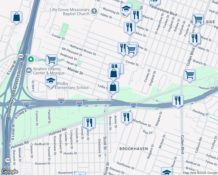 map of restaurants, bars, coffee shops, grocery stores, and more near 3825 Mainer Street in Houston