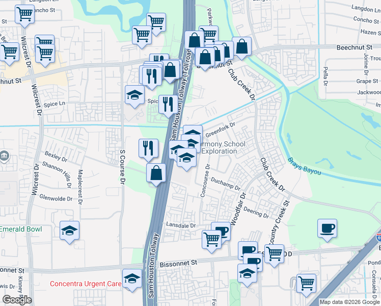 map of restaurants, bars, coffee shops, grocery stores, and more near 10275 Greenfork Drive in Houston