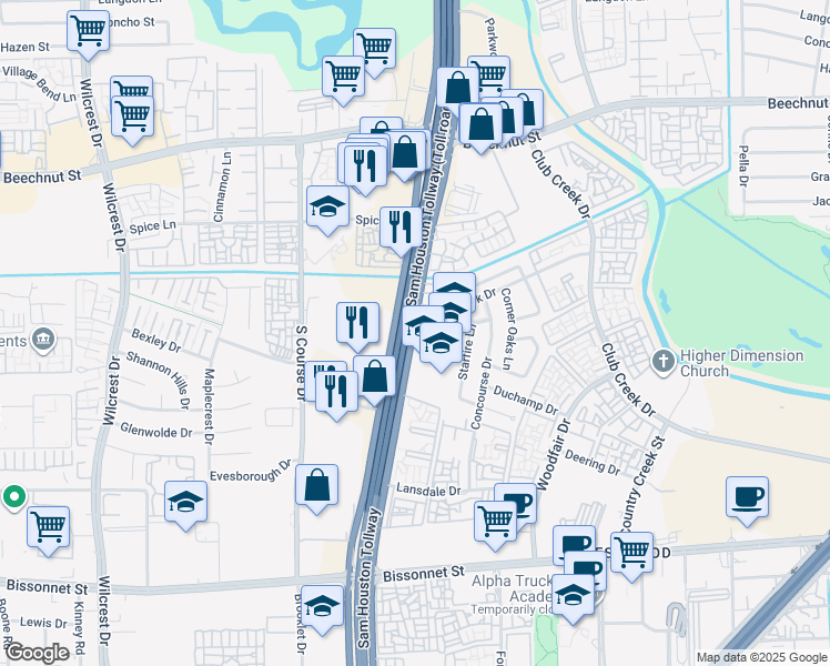 map of restaurants, bars, coffee shops, grocery stores, and more near 9370 West Sam Houston Parkway South in Houston