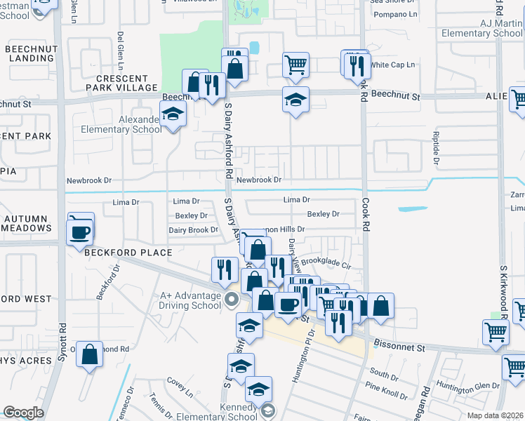 map of restaurants, bars, coffee shops, grocery stores, and more near 12614 Lima Drive in Houston