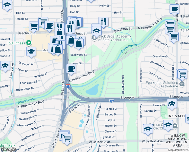 map of restaurants, bars, coffee shops, grocery stores, and more near 4445 North Braeswood Boulevard in Houston