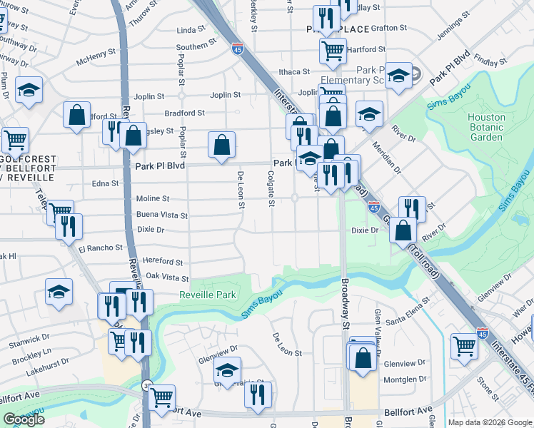 map of restaurants, bars, coffee shops, grocery stores, and more near 4001 Colgate Street in Houston