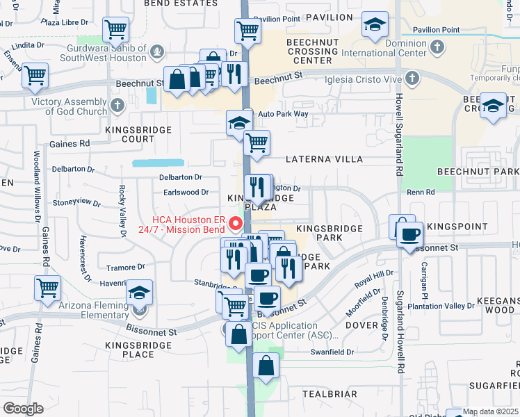 map of restaurants, bars, coffee shops, grocery stores, and more near 8707 South Texas 6 in Houston