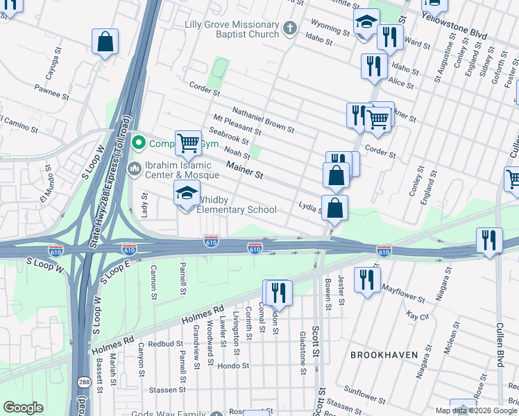 map of restaurants, bars, coffee shops, grocery stores, and more near 3706 Lydia Street in Houston