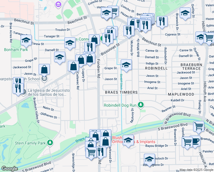 map of restaurants, bars, coffee shops, grocery stores, and more near 6617 Jason Street in Houston