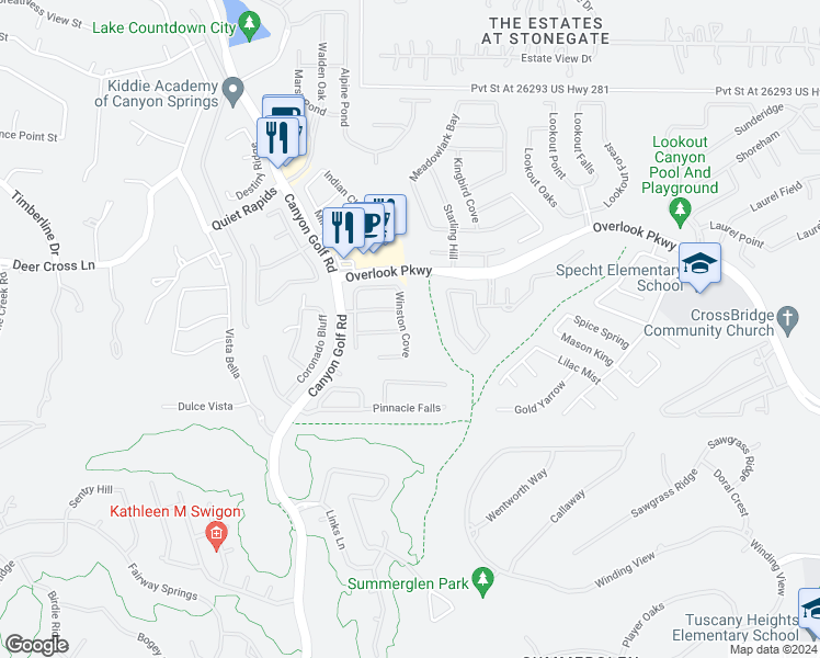 map of restaurants, bars, coffee shops, grocery stores, and more near 1502 Winston Cove in San Antonio
