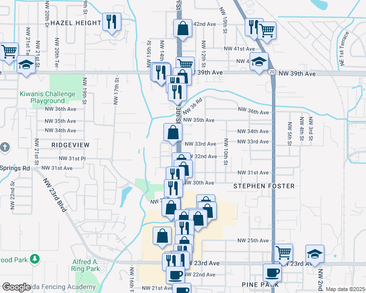 map of restaurants, bars, coffee shops, grocery stores, and more near 1235 Northwest 33rd Place in Gainesville