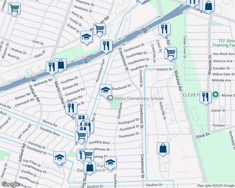 map of restaurants, bars, coffee shops, grocery stores, and more near 5831-5835 Southwell St in Houston