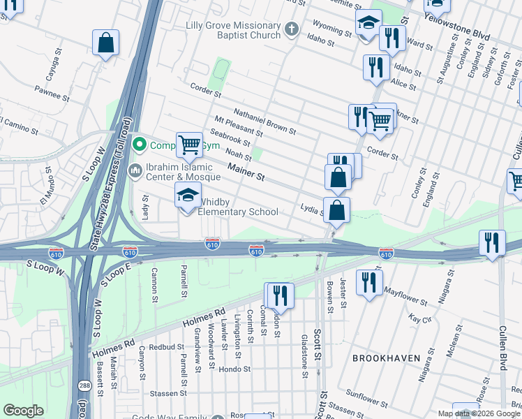 map of restaurants, bars, coffee shops, grocery stores, and more near 3706 Lydia Street in Houston
