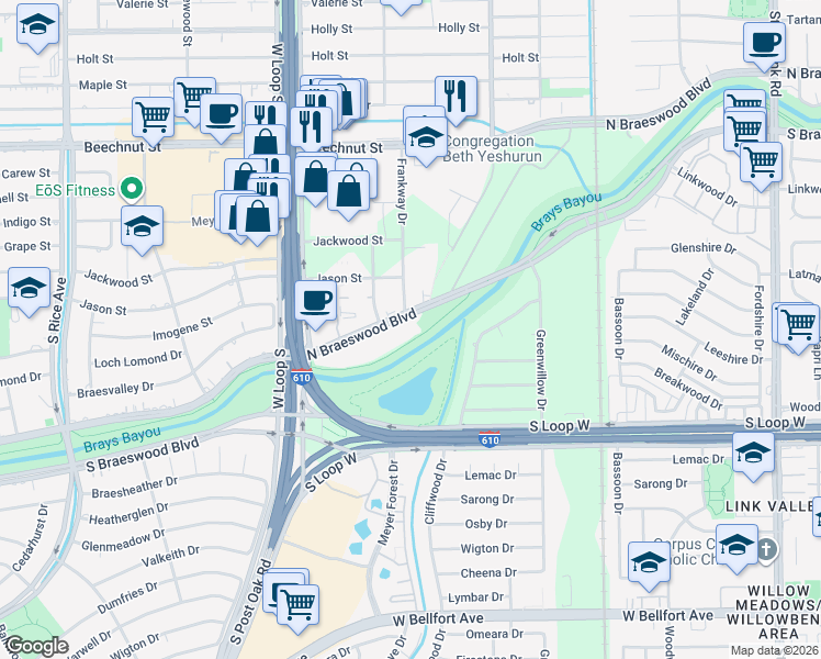 map of restaurants, bars, coffee shops, grocery stores, and more near 4445 North Braeswood Boulevard in Houston
