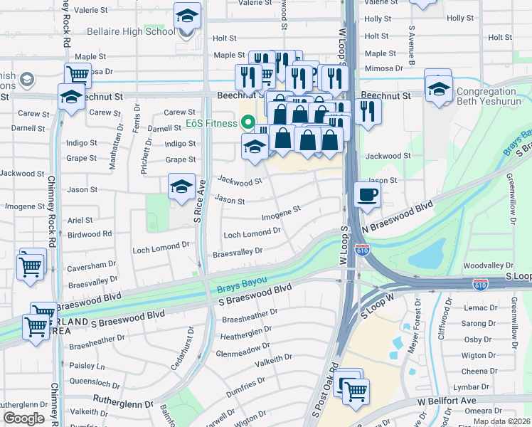 map of restaurants, bars, coffee shops, grocery stores, and more near 4915 Jason Street in Houston