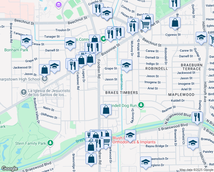 map of restaurants, bars, coffee shops, grocery stores, and more near 6617 Jason Street in Houston
