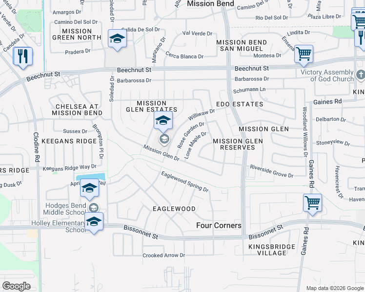 map of restaurants, bars, coffee shops, grocery stores, and more near 8603 Rose Garden Drive in Houston