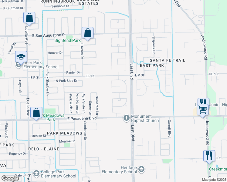 map of restaurants, bars, coffee shops, grocery stores, and more near 2126 Longwood Drive in Deer Park