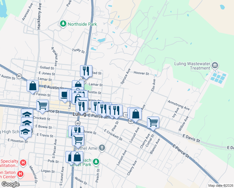 map of restaurants, bars, coffee shops, grocery stores, and more near 103 Spruce Avenue in Luling