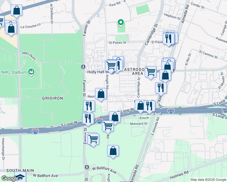 map of restaurants, bars, coffee shops, grocery stores, and more near 8317 Knight Road in Houston