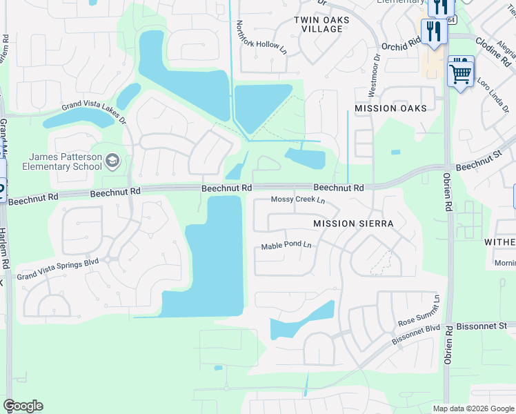 map of restaurants, bars, coffee shops, grocery stores, and more near 18330 Mossy Creek Lane in Richmond