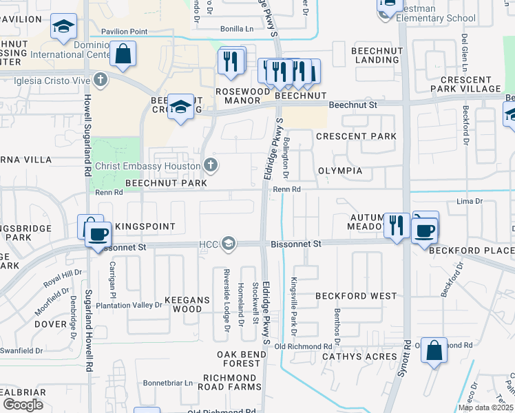 map of restaurants, bars, coffee shops, grocery stores, and more near 8639 Arcola Ridge Drive in Houston