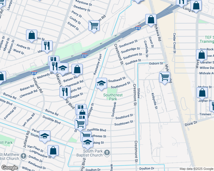 map of restaurants, bars, coffee shops, grocery stores, and more near 5830 Southwell Street in Houston