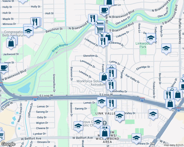 map of restaurants, bars, coffee shops, grocery stores, and more near 4023 Levonshire Drive in Houston