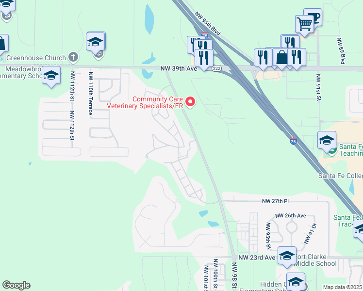 map of restaurants, bars, coffee shops, grocery stores, and more near 3206 Northwest 103rd Drive in Gainesville