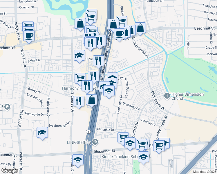 map of restaurants, bars, coffee shops, grocery stores, and more near 10275 Greenfork Drive in Houston
