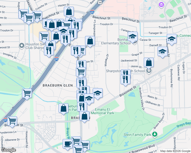 map of restaurants, bars, coffee shops, grocery stores, and more near 8488 Ariel Street in Houston