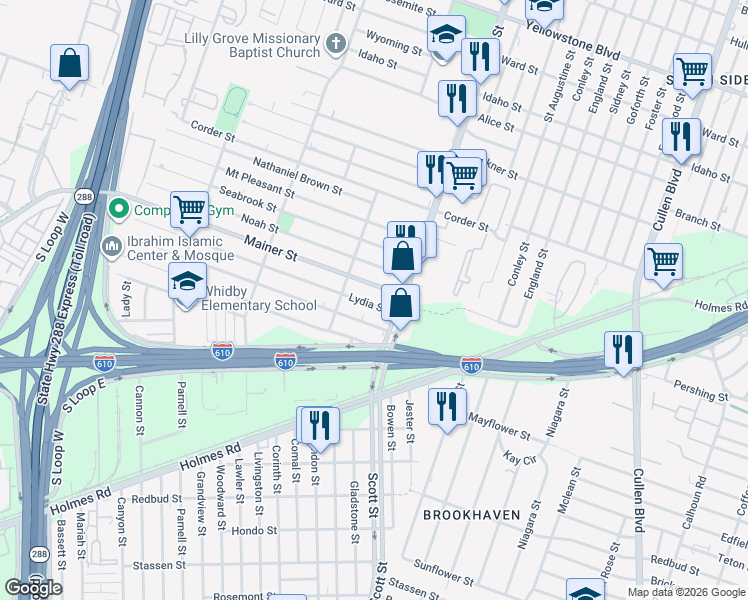 map of restaurants, bars, coffee shops, grocery stores, and more near 3825 Mainer Street in Houston
