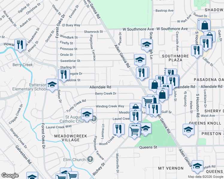 map of restaurants, bars, coffee shops, grocery stores, and more near 6005 Allendale Road in Houston