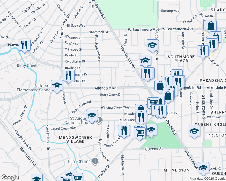 map of restaurants, bars, coffee shops, grocery stores, and more near 5623 Allendale Road in Houston