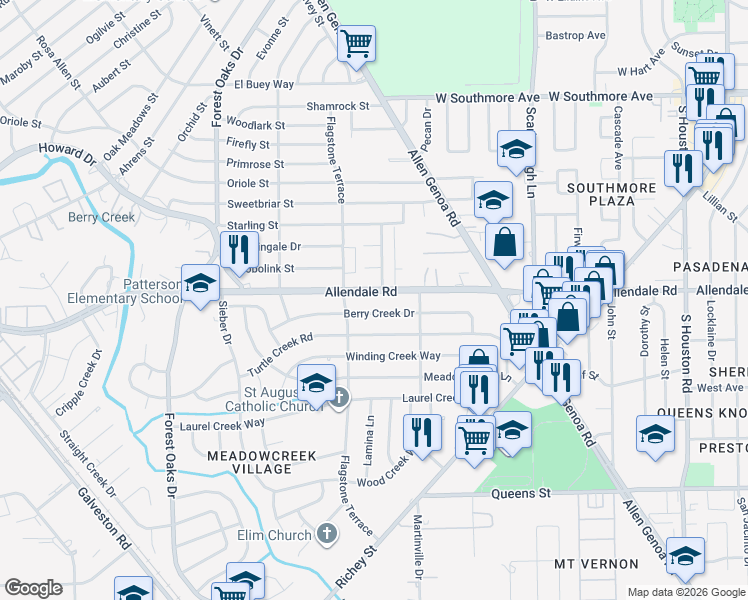 map of restaurants, bars, coffee shops, grocery stores, and more near 5623 Allendale Road in Houston
