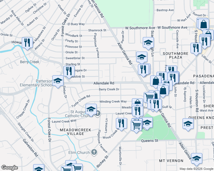 map of restaurants, bars, coffee shops, grocery stores, and more near 5623 Allendale Road in Houston