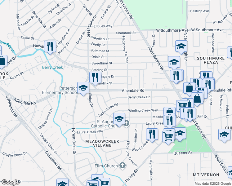 map of restaurants, bars, coffee shops, grocery stores, and more near 5523 Allendale Road in Houston