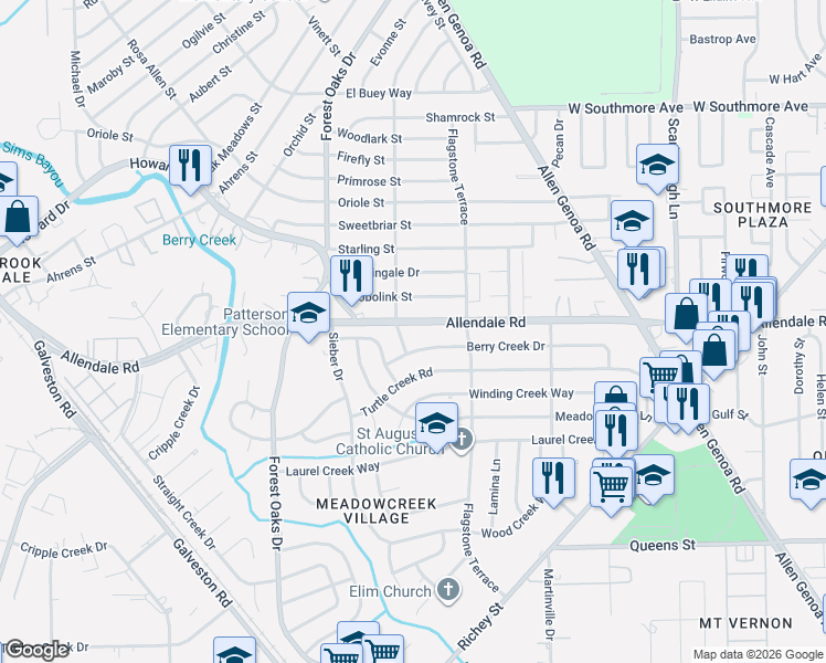 map of restaurants, bars, coffee shops, grocery stores, and more near 5523 Allendale Road in Houston