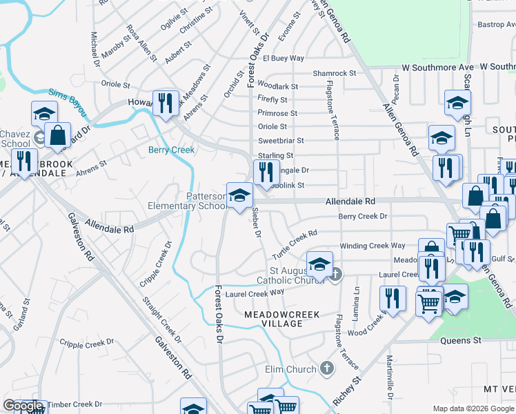 map of restaurants, bars, coffee shops, grocery stores, and more near in Houston