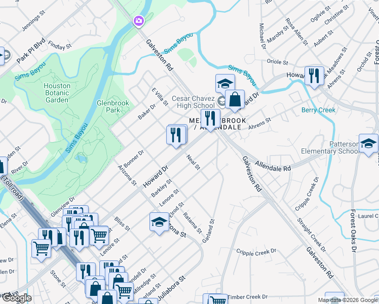 map of restaurants, bars, coffee shops, grocery stores, and more near 8417 Howard Drive in Houston