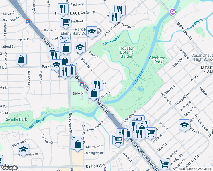 map of restaurants, bars, coffee shops, grocery stores, and more near 4022 Meridian Drive in Houston