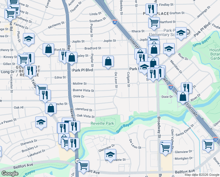 map of restaurants, bars, coffee shops, grocery stores, and more near 7742 Moline Street in Houston