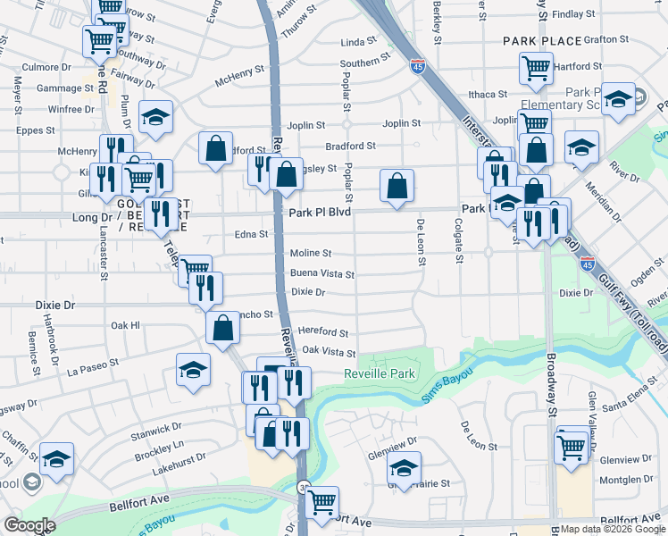 map of restaurants, bars, coffee shops, grocery stores, and more near 7650 Moline Street in Houston